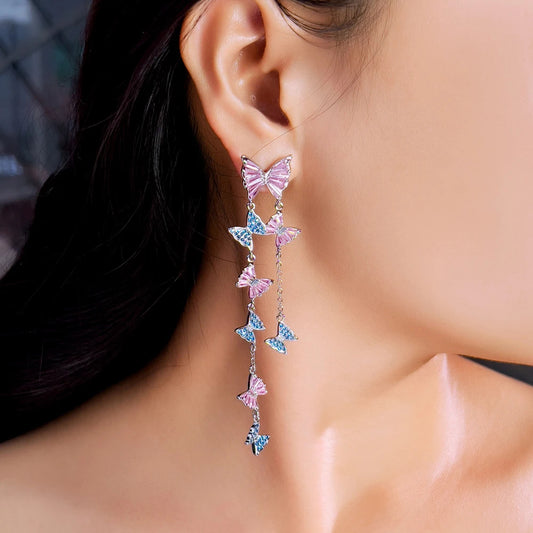 Mariposa Pink Blue Butterfly Tassel Earrings