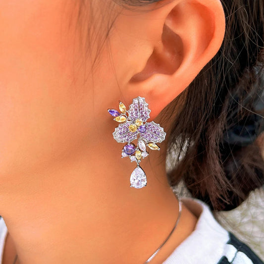 Iris Purple Yellow Leaf Drop Earrings