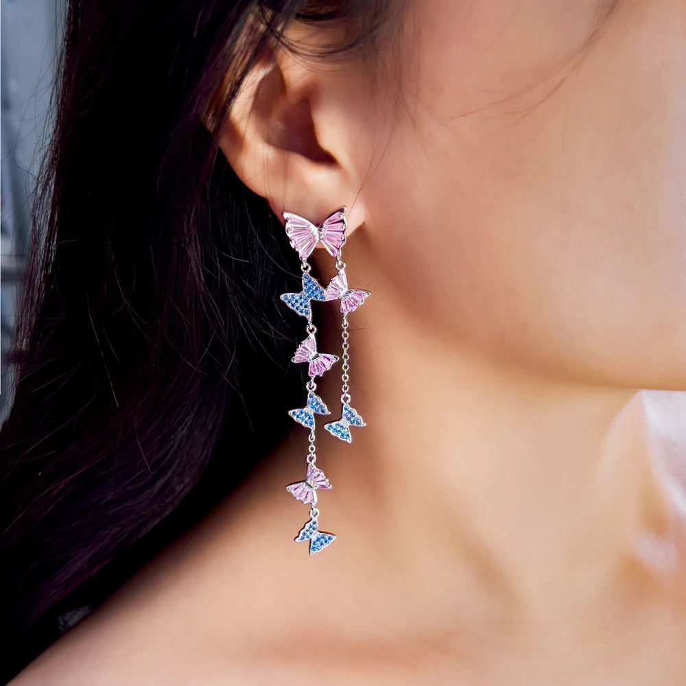 Mariposa Pink Blue Butterfly Tassel Earrings