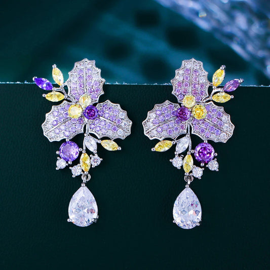 Iris Purple Yellow Leaf Drop Earrings
