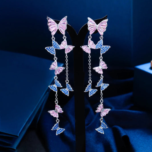 Mariposa Pink Blue Butterfly Tassel Earrings