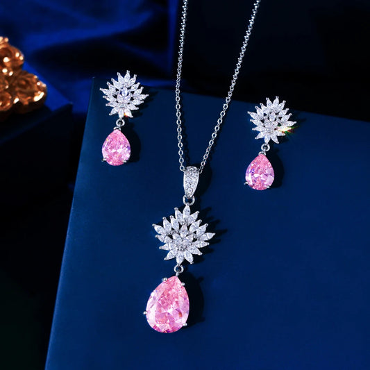 Pivoine Pink Crystal Necklace & Earrings Set