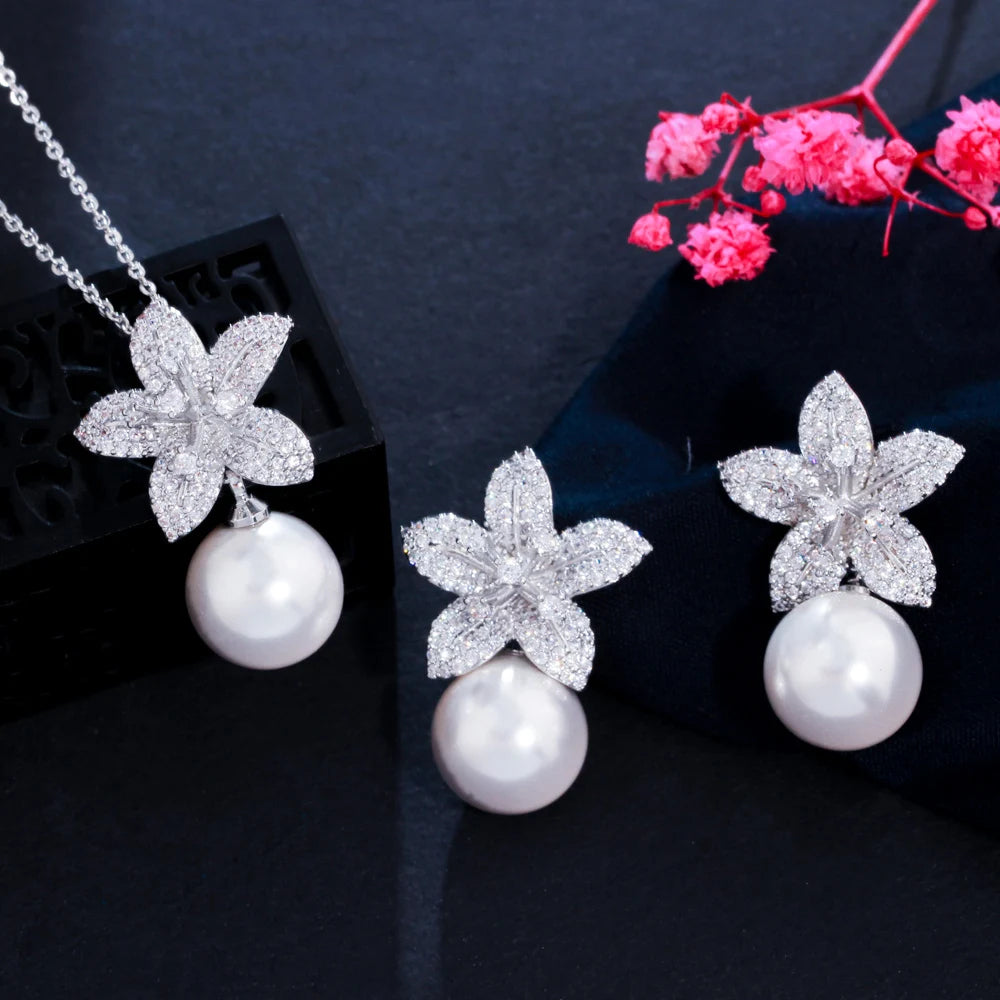 Leilani Flower & Pearl Necklace & Earrings Set