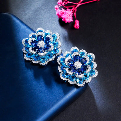 Azurea Blue 3D Flower Stud Earrings