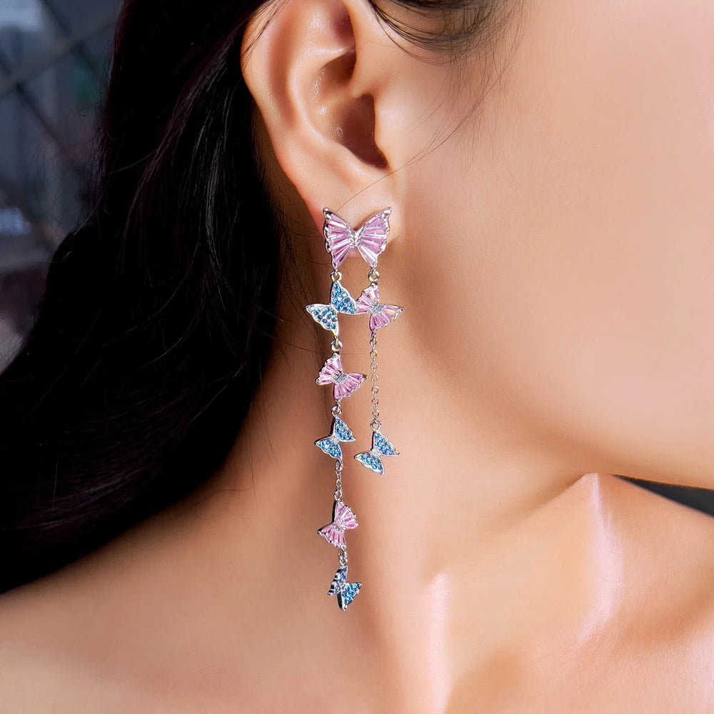Mariposa Pink Blue Butterfly Tassel Earrings
