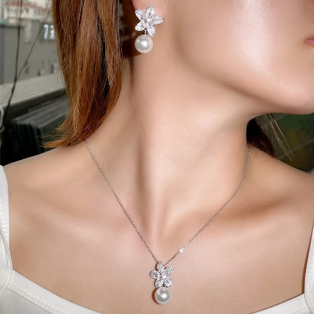 Leilani Flower & Pearl Necklace & Earrings Set