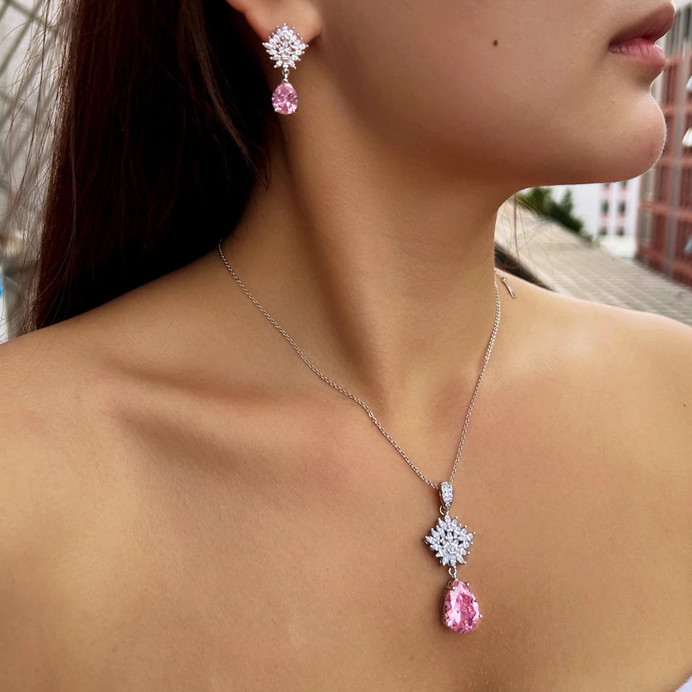 Pivoine Pink Crystal Necklace & Earrings Set