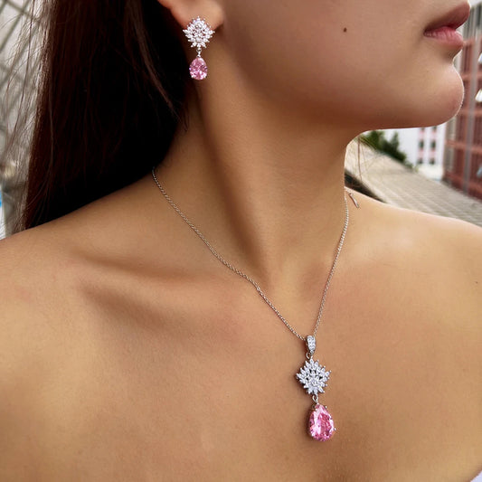 Pivoine Pink Crystal Necklace & Earrings Set