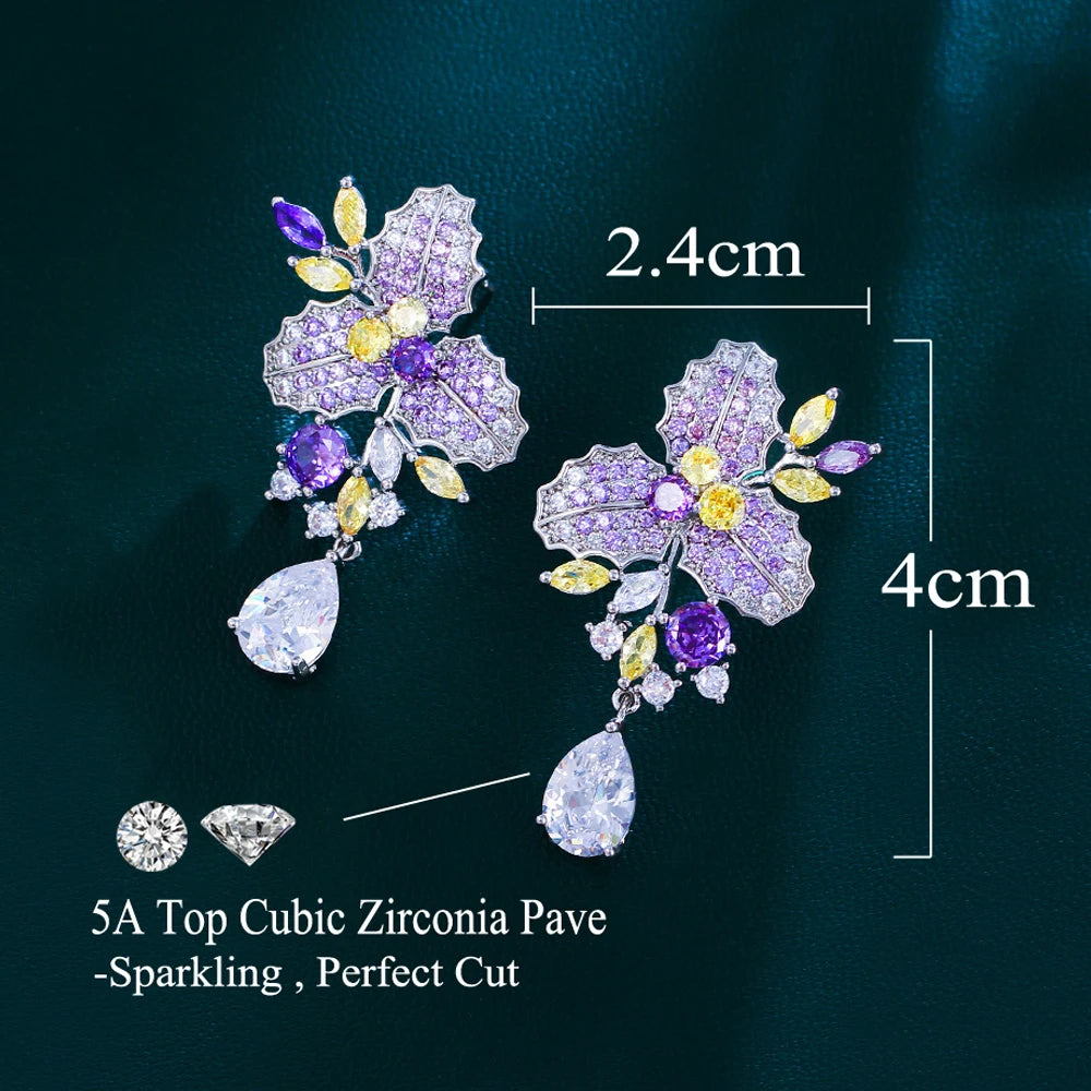 Iris Purple Yellow Leaf Drop Earrings