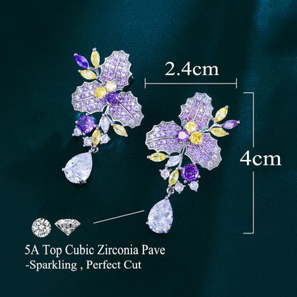 Iris Purple Yellow Leaf Drop Earrings
