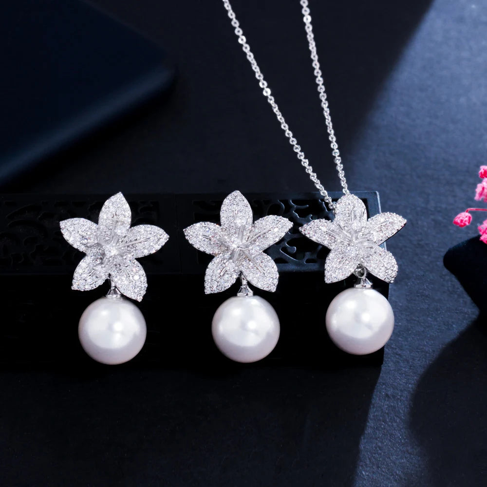 Leilani Flower & Pearl Necklace & Earrings Set