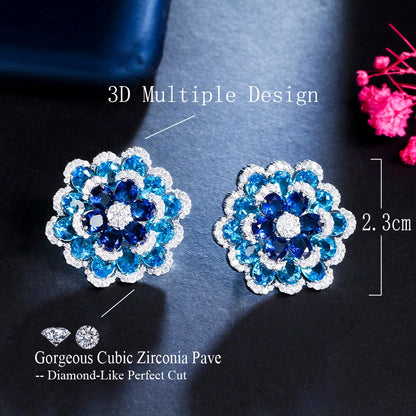 Azurea Blue 3D Flower Stud Earrings