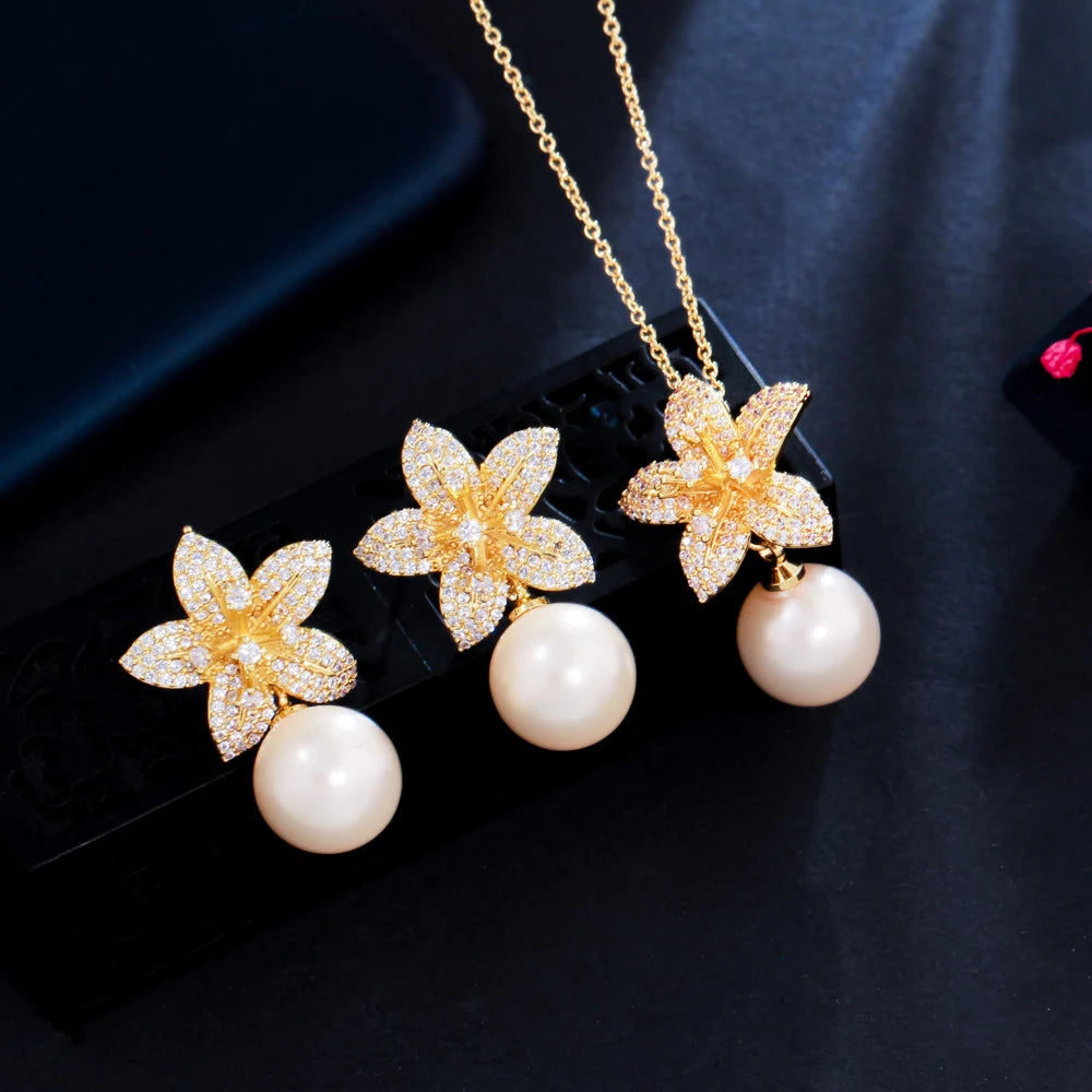Leilani Flower & Pearl Necklace & Earrings Set