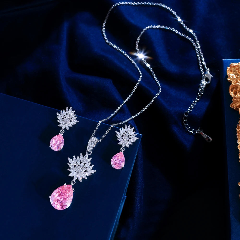 Pivoine Pink Crystal Necklace & Earrings Set