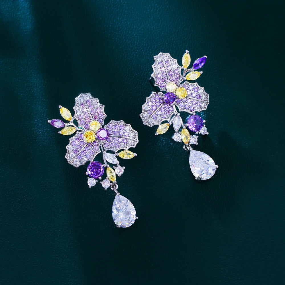 Iris Purple Yellow Leaf Drop Earrings
