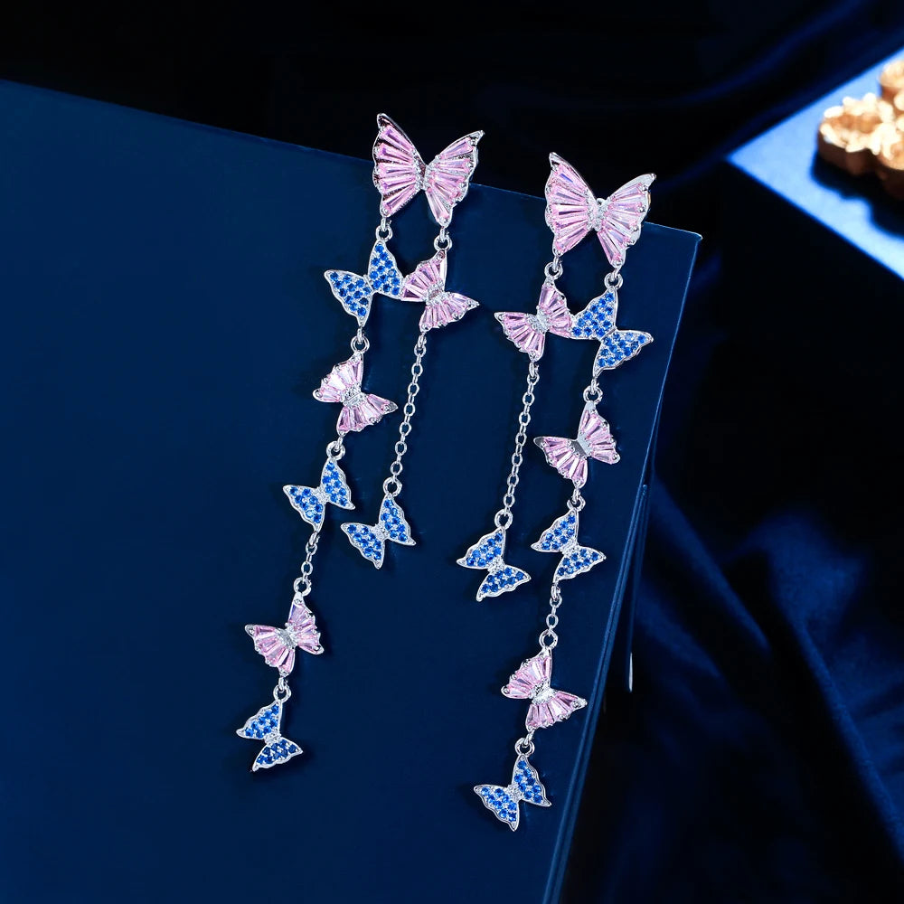 Mariposa Pink Blue Butterfly Tassel Earrings