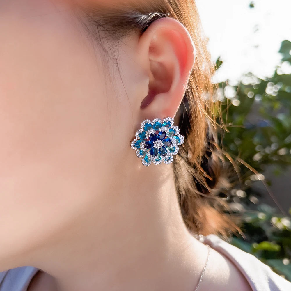 Azurea Blue 3D Flower Stud Earrings