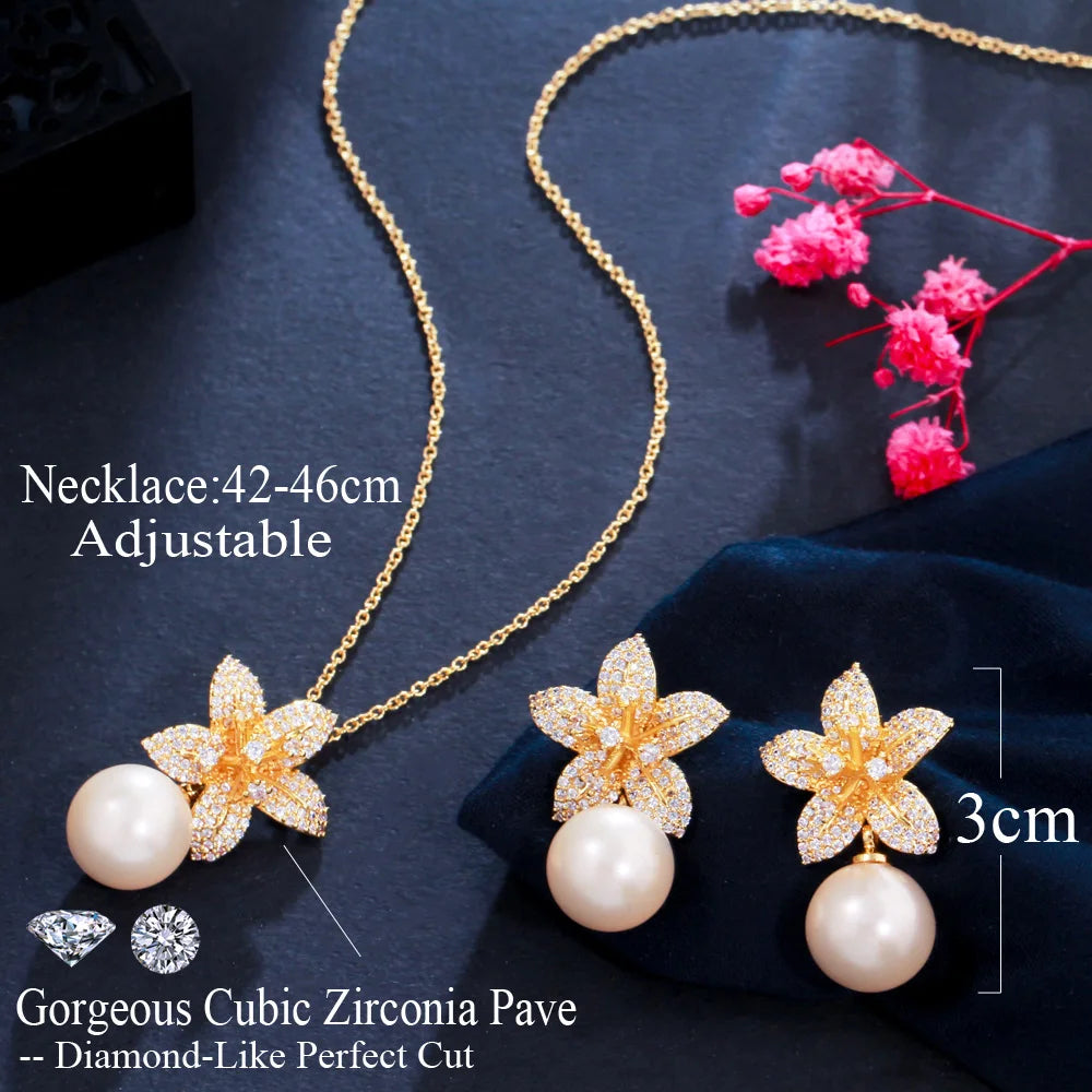 Leilani Flower & Pearl Necklace & Earrings Set