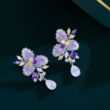 Iris Purple Yellow Leaf Drop Earrings