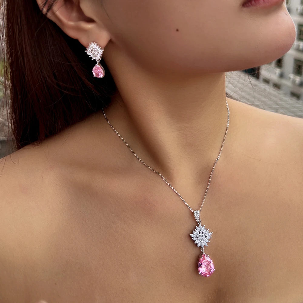 Pivoine Pink Crystal Necklace & Earrings Set
