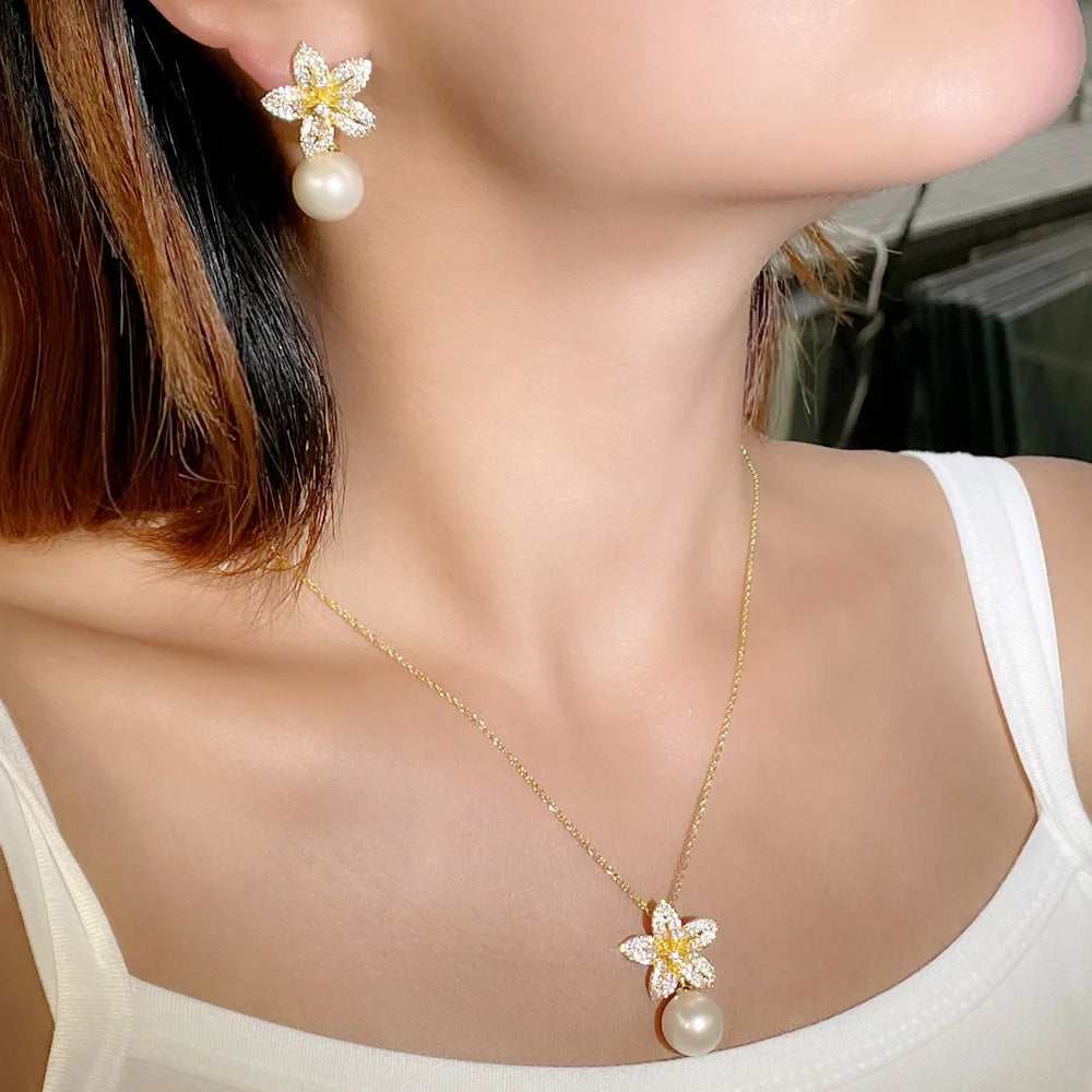 Leilani Flower & Pearl Necklace & Earrings Set
