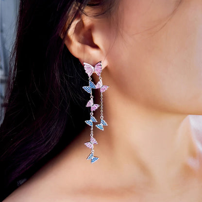 Mariposa Pink Blue Butterfly Tassel Earrings