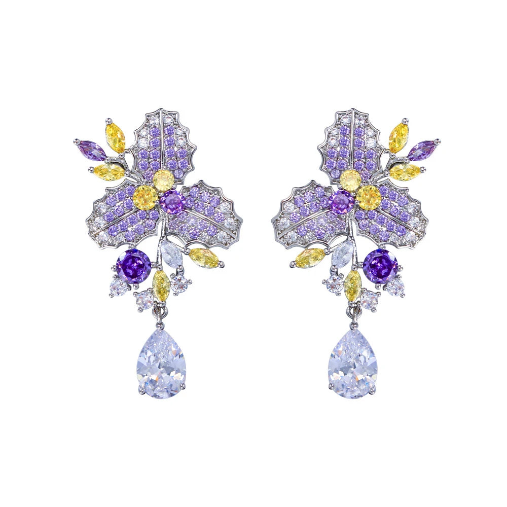 Iris Purple Yellow Leaf Drop Earrings