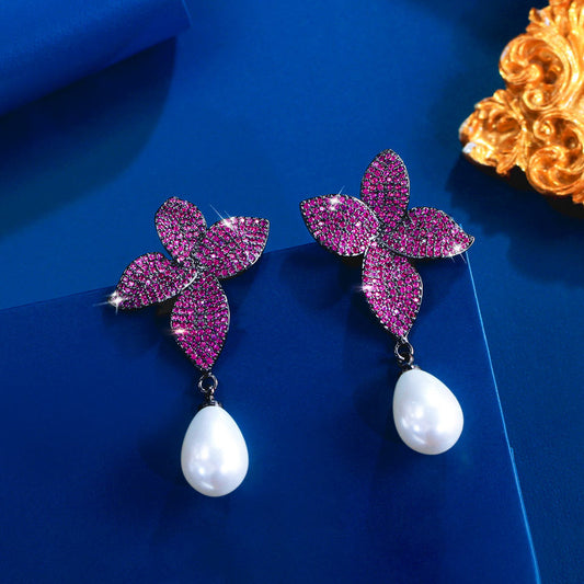 Nocturne Rose Pavé Pearl Drop Earrings