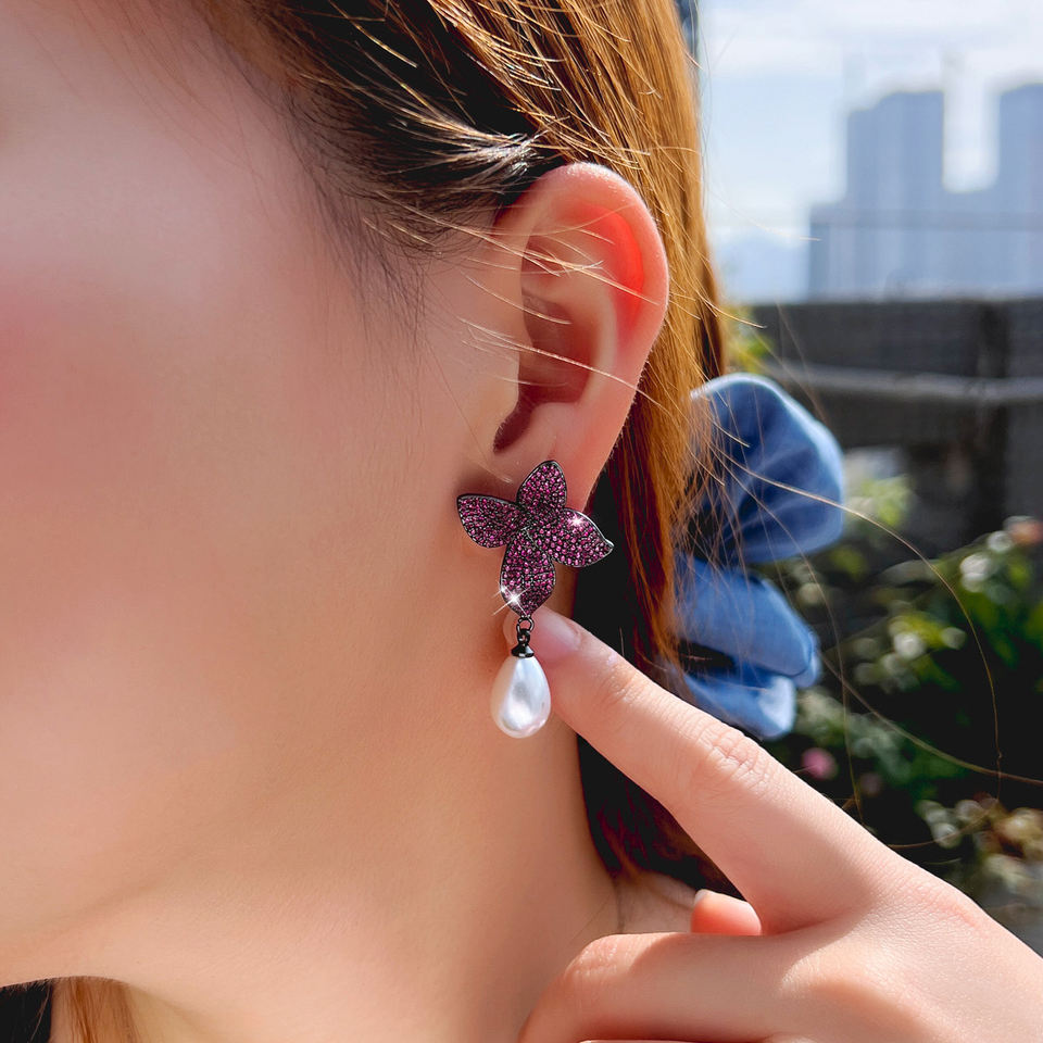Nocturne Rose Pavé Pearl Drop Earrings