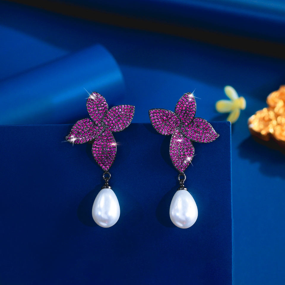 Nocturne Rose Pavé Pearl Drop Earrings