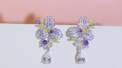 Iris Purple Yellow Leaf Drop Earrings